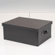 A closed black storage box with a textured surface and a handle on one side, placed on a neutral-colored background. A closed black storage box with a textured surface and a handle on one side, placed on a neutral-colored background.